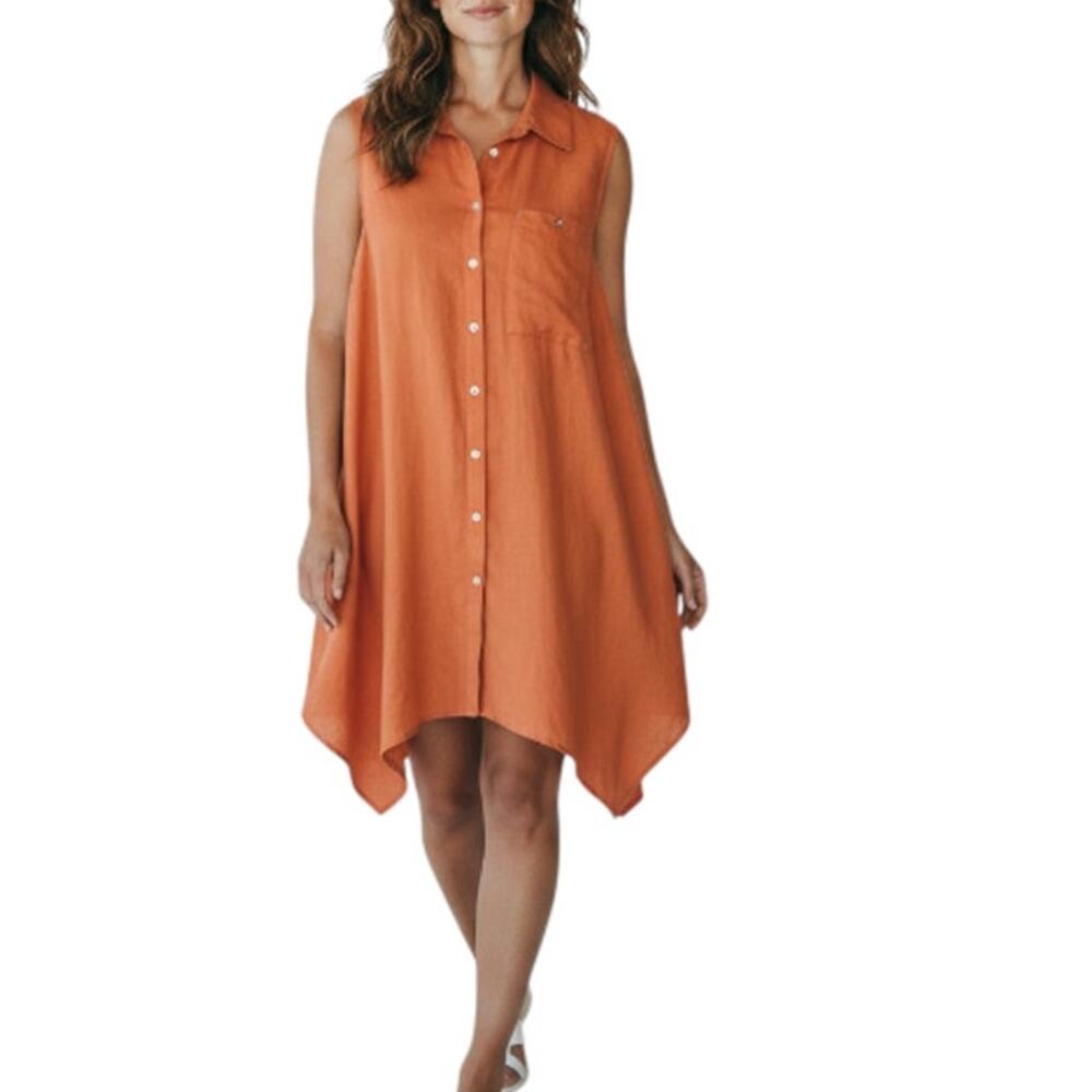 FORCYNTHIA Linen Asym Shirt Dress-Tunic Sz 1X Orange Cottage Coastal Resort NWT